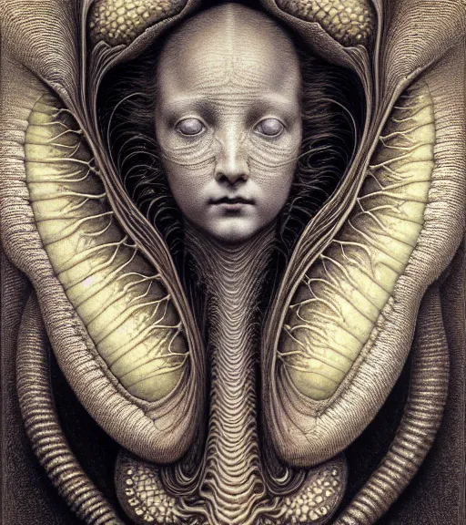 Image similar to detailed realistic beautiful moth goddess face portrait by jean delville, gustave dore, iris van herpen and marco mazzoni, art forms of nature by ernst haeckel, art nouveau, symbolist, visionary, gothic, neo - gothic, pre - raphaelite, fractal lace, intricate alien botanicals, ai biodiversity, surreality, hyperdetailed ultrasharp octane render