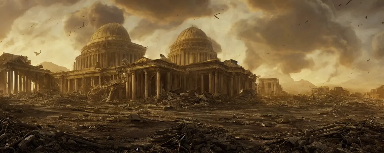 Prompt: A beautiful hyper realistic detailed matte painting of the destroyed Capitolium after nuclear bomb::post-apocalyptic landscape at early sunrise::a lot of debris and burned bushes and trees::by John Howe and Andreas Rocha and Martin Johnson Heade and Albert Bierstadt, Fallout style::unreal engine, trending on artstation, golden ratio, rectilinear