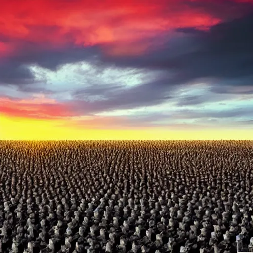 Prompt: an army of a million Barrack Obama’s on the battlefield with a beautiful sunset in the distance behind them, high contrast 4k hd photograph,