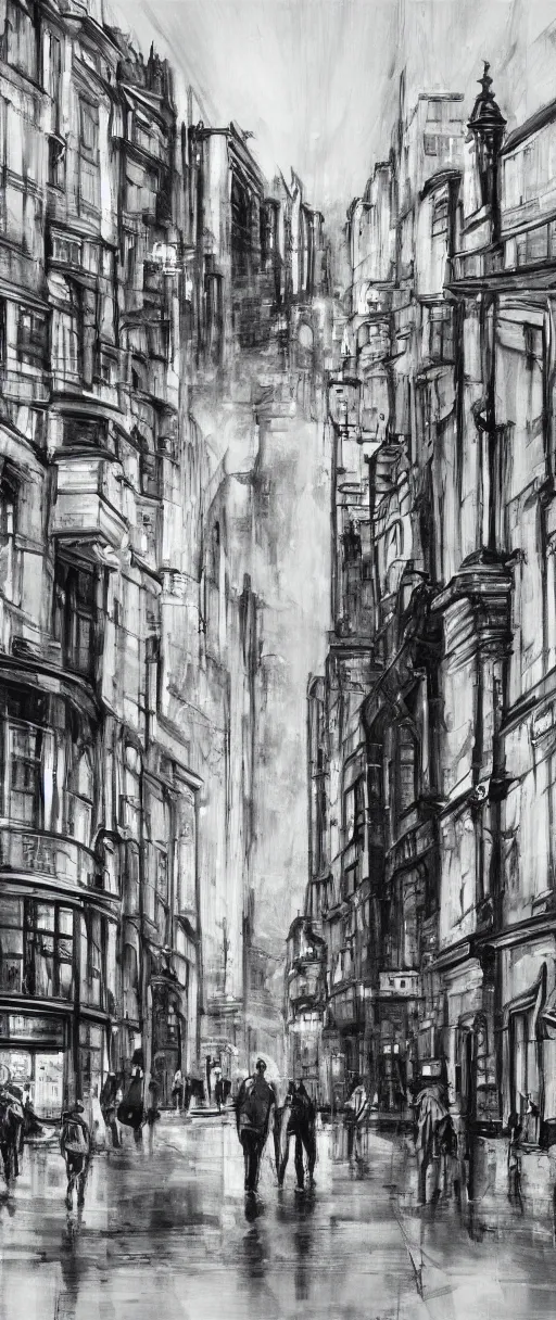 Image similar to Leeds City Centre black and white concept art oil painting