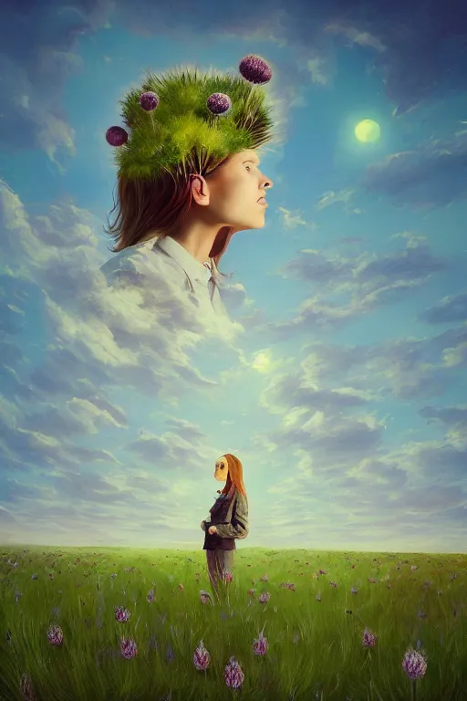 Prompt: portrait, enormous thistle flower under the head, a girl in suit in field of flowers, surreal photography, sunrise, blue sky, dramatic light, impressionist painting, digital painting, artstation, simon stalenhag