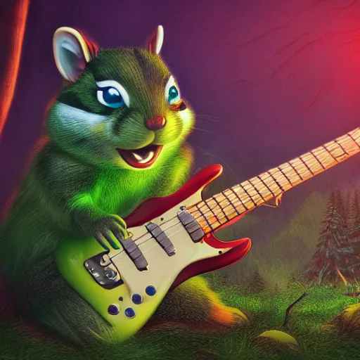 Image similar to a high quality photo of a chipmunk hulk playing electric guitar, foggy forrest backdrop, render, ultra realistic, epic lighting, cgsociety