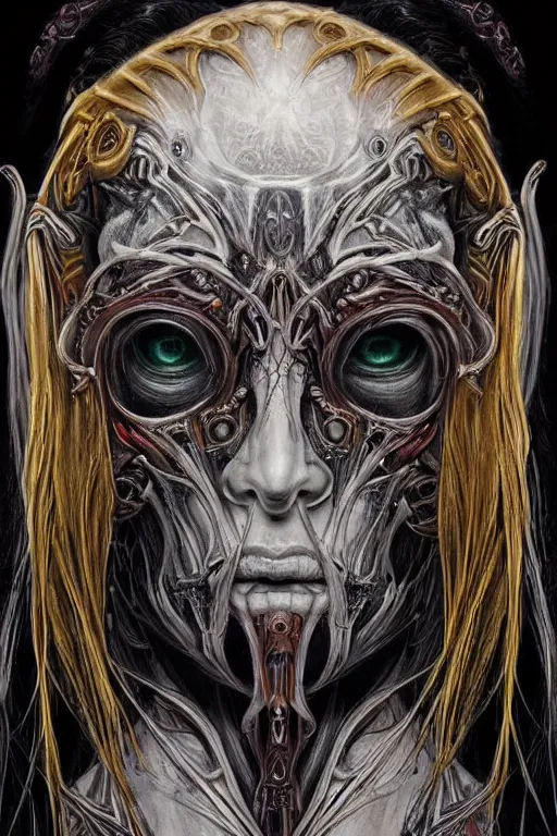 Prompt: Elden Ring and Doom themed painting of majestic chromatic biomechanical anatomical elven female hybrid beautiful ethereal angel symmetrical neutral mask closeup face tattoo pattern golden ratio concept, Neo-Gothic concept, infinity glyph waves, intricate artwork masterpiece, very coherent artwork, cinematic, full frontal facial features by Artgerm, art by H.R. Giger, Joseph Michael Linsner, Zdizslaw Beksinski, Johnatan Wayshak, Moebius, Ayami Kojima, very anatomically coherent artwork, trending on cgsociety, ultra high quality model, production quality cinema model, high detail chromatic ink outline, octane render, unreal engine 8k, hyper realism, high detail, octane render, unreal engine, 8k, High contrast