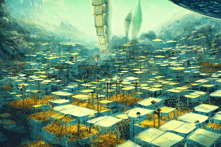 Prompt: simplicity, favela spaceship honeybee hive, fungal environment, industrial factory, cheerful, award winning art, epic dreamlike fantasy landscape, ultra realistic,