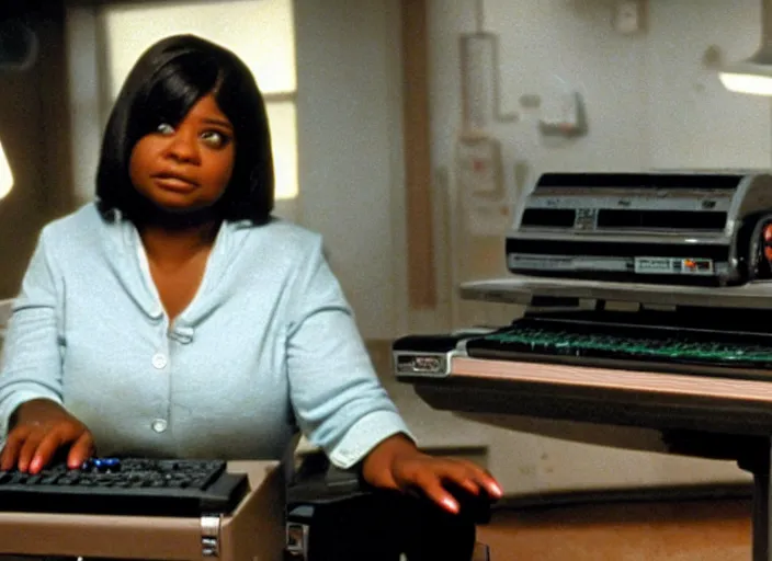 Image similar to cinematic shot of octavia spencer in an small used electronics store hands on an old electronic keyboard, iconic scene from the paranoid thriller sci fi film directed by stanley kubrick, anamorphic cinematography, beautiful composition, color theory, leading lines, photorealistic, moody volumetric light