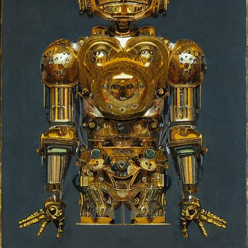 Image similar to a portrait of a shiny metallic renaissance steampunk robot, in the style of Jan van Eyck,