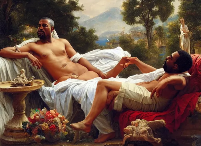 Prompt: kanye west relaxing in classical greece by vladimir volegov and alexander averin and pierre auguste cot and delphin enjolras and raphael lacoste