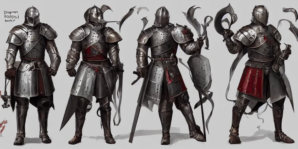 Prompt: different views of medieval knights, concept art by senior character artist, trending on artstation, full body character design, hyperdetailed!!! render!!!