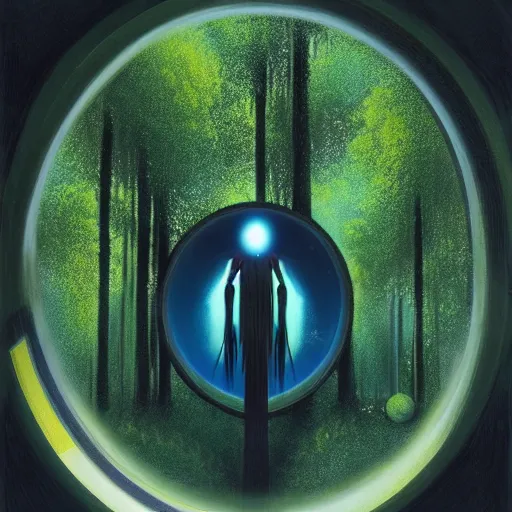 Image similar to portal in a middle of a lush futuristic forest, alien world seen through a portal, person in a cloak standing in front of a portal, syd mead, john harris