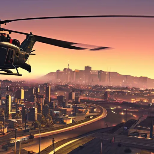 Image similar to Helicopter above a night city in GTA 5, cover art by Stephen Bliss, boxart, loading screen