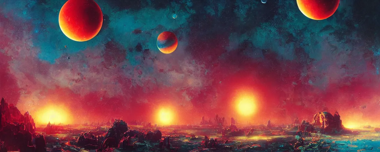 Image similar to ” planet and moons made of blood and rats, [ bubbles, by paul lehr, cinematic, detailed, epic, widescreen, opening, establishing, mattepainting, photorealistic, realistic textures, octane render ] ”