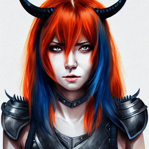 Image similar to illustrated realistic tilted head portrait human female prong-horned with blue bob hair and solid black-eyes black sclera wearing strap leather armor, orange glow, backlit by rossdraws