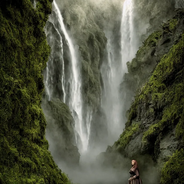 Prompt: dark and moody 1 9 8 0's artistic color spaghetti western film, a giant tall huge woman in an extremely long dress made out of waterfalls, standing inside a green mossy irish rocky scenic landscape, huge waterfall, volumetric lighting, backlit, atmospheric, fog, extremely windy, soft focus