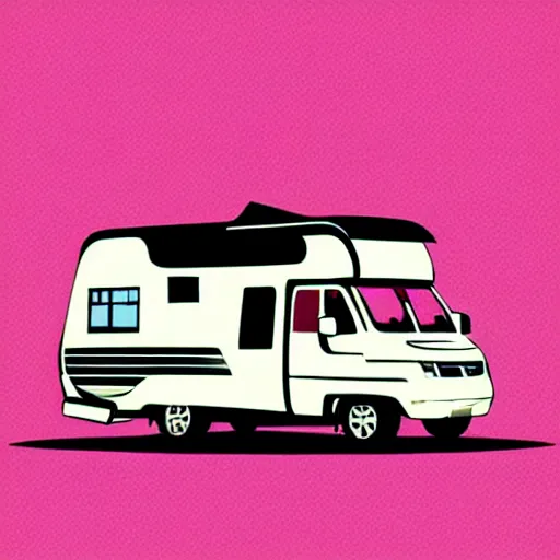 Image similar to minimal vector art sticker of a white and black cute thor chateau! motorhome camper!!, mountains, colorful sunset!!, thick lines, very minimal vector art, sticker!! by tom whalen