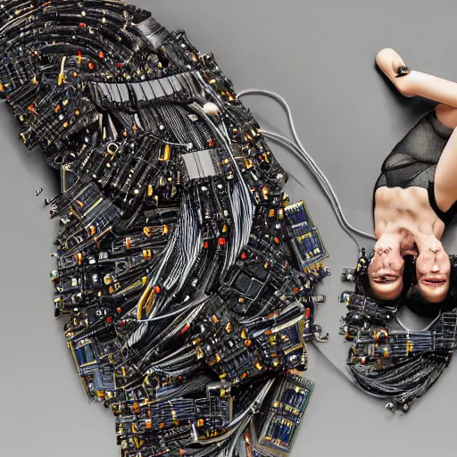 Prompt: tapping in to something greater, piles of modular synth cables, goddess laying down wearing a big headpiece made of circuit boards in a photo shoot for balenziaga, wlop, stanley kubrick, masamune, unique perspective, eastman color, perfect details, trending on artstation, 3 d render, smooth render, wlop