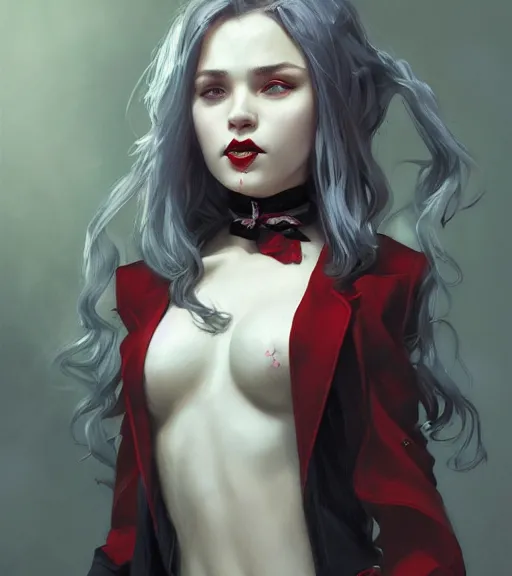 Prompt: a vampire girl, fangs out, grey hair, red necktie, cinematic, stunning, highly detailed, digital painting, artstation, smooth, hard focus, full body shot, illustration, art by artgerm and greg rutkowski and alphonse mucha