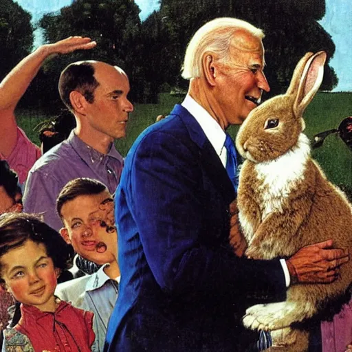 Prompt: joe biden being led around by a large rabbit, artist norman rockwell,