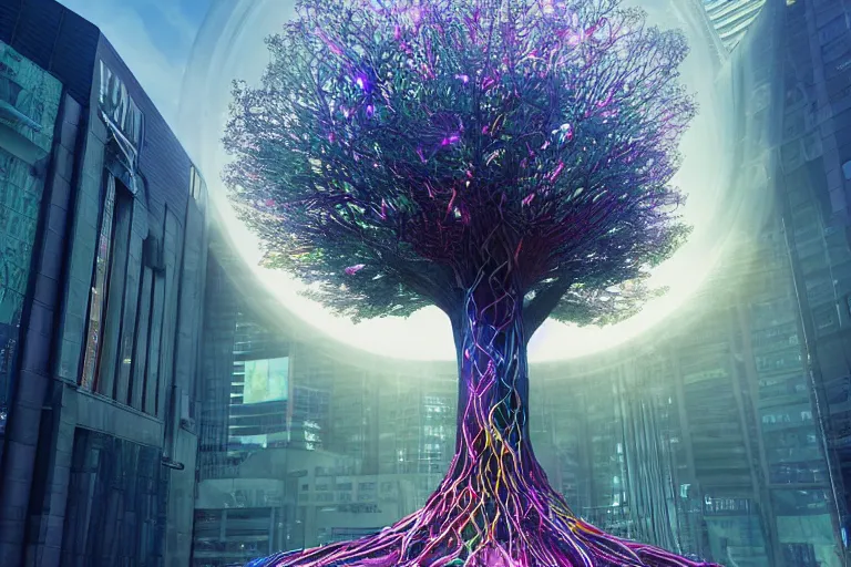 Image similar to Cybernetic tree of life in a city center, hyper real, 8k, colorful, 3D cinematic volumetric light, atmospheric light, studio ghibli inspired, fantasy LUT, high contrast, epic composition, sci-fi, dreamlike, surreal, angelic, by Moebius, wired roots