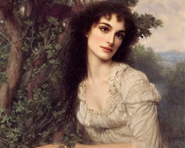 Image similar to portrait en buste of winona ryder kiera knightley in repose by Hughes Merle, by Pierre Auguste Cot, perfect detailed eyes, realistic fabric, abundant detail, kiera knightley