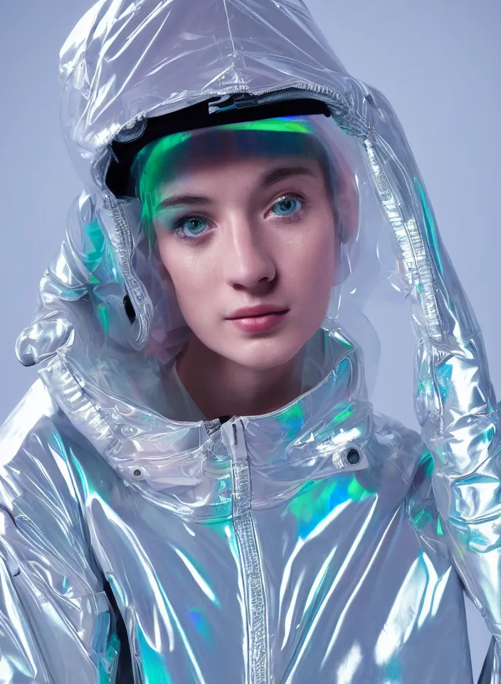 Image similar to an ultra high definition professional studio quality portrait photograph of a silver skinned android influencer wearing a transparent iridescent pastel coloured visor and matching wavey raincoat on white hook in a sheer icelandic black rock environment. three point light. dramatic lighting. volumetric shadows. light rays