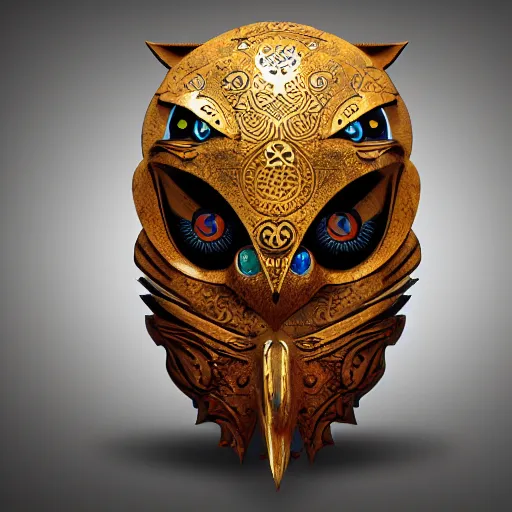 Image similar to steampunk tribal mask, owl, japanese pottery, vivid colors, wood, metal, intricate details, trending on cgsociety, concept art, glowing eyes, sharp focus, ultra realistic details, cinematic atmosphere, global illumination, shadows