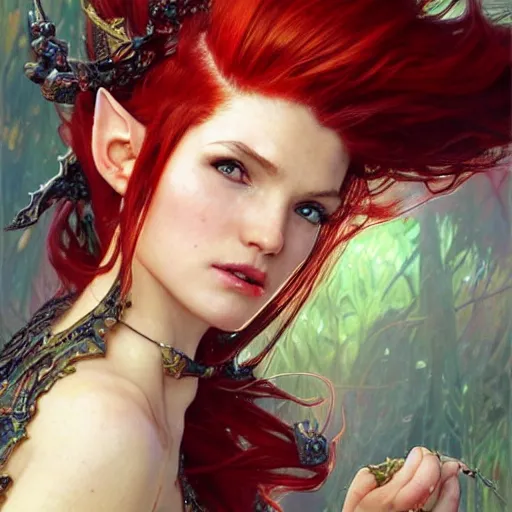 Prompt: highly detailed closeup portrait of beautiful elf woman with red hair, very detailed, realistic, card, by Stanley Artgerm Lau, greg rutkowski, thomas kindkade, alphonse mucha, loish, norman rockwell J.