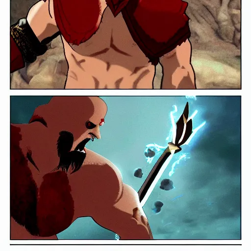 Prompt: kratos shouting boy while roaring and wielding excalibur