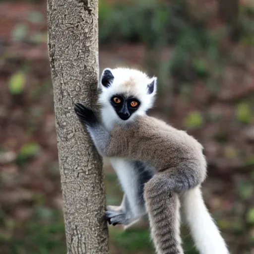 Image similar to monkey - cat - dog - fox hybrid in lemur pose, fluffy white fur, very long tail