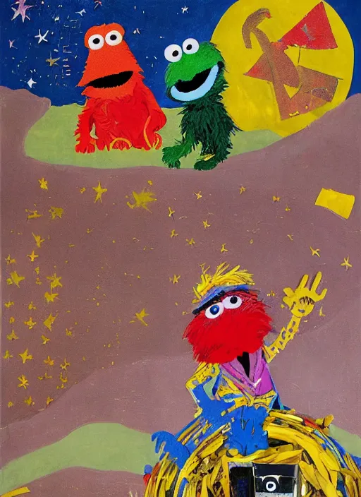 Prompt: expressionistic decollage painting, trash can tarot card fool with sesame street elmo and kermit muppet knight on a horse in a dark red cloudy night sky with golden foil jewish stars, mountain lake and blossoming field in background painted by adrian ghenie, francis bacon, daniel richter and hilma af klint, ultra naive, children painting, 8k, extreme detail, masterpiece