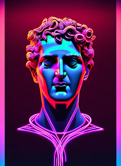 Image similar to statue of dionysus, beeple, android jones, ( ( ( ( ( dan mumford ) ) ) ) ), vaporwave, retrowave, black background, neon wiring, lines, black, glitch, strong contrast, cuts, pinterest, trending on artstation