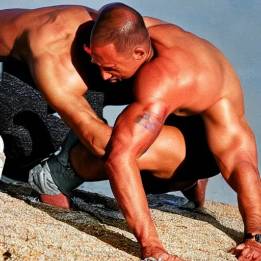 Prompt: dwayne johnson wrestling a rock