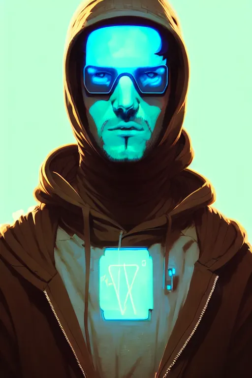 Image similar to cyberpunk synth, hyper - realistic portrait of a man in a hoodie, cyberpunk, by atey ghailan, by greg rutkowski, by greg tocchini, by james gilleard, by joe fenton, by kaethe butcher, dynamic lighting, gradient light blue, brown, blonde cream and white color scheme, grunge aesthetic