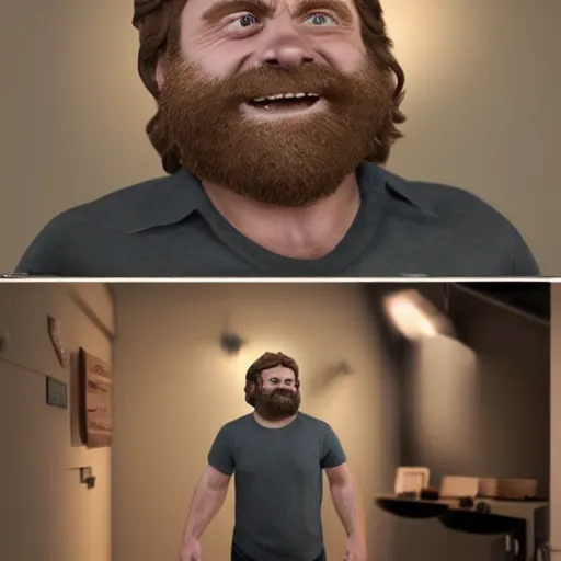 Prompt: hyperrealistic zach galifianakis smiling while hung by the neck noose, stunning 3 d render inspired by istvan sandorfi & greg rutkowski & mike judge, perfect symmetry, dim volumetric cinematic lighting, 8 k octane comprehensive render, extremely mega hyper - detailed and lifelike attributes & atmosphere, intricate, realistic flesh texture, masterpiece, artstation, stunning,