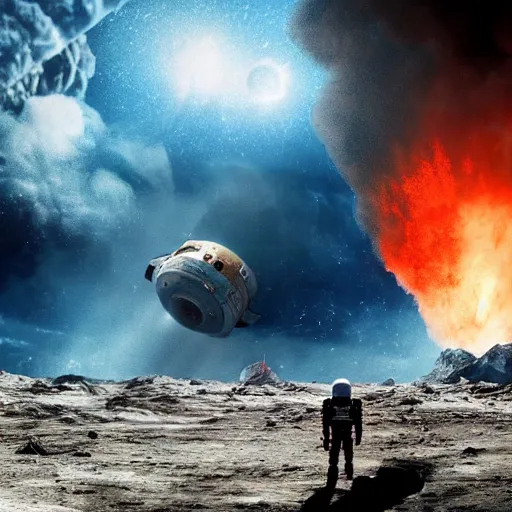 Image similar to astronaut stranded on planet, destroyed ship that is crash landing, exploding planet in background, fire, white smoke, impending fear, 4 k, dystopian, lonely, isolated space station in space, sci - fi, crash landing, asteroids.