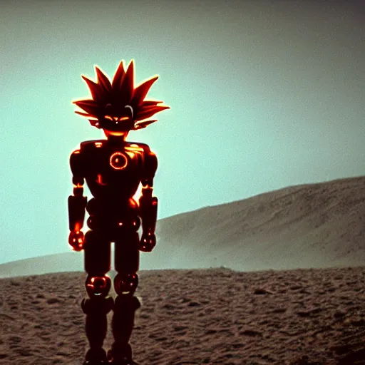 Image similar to movie still of robot goku, cinematic composition, cinematic light, criterion collection, by david lynch