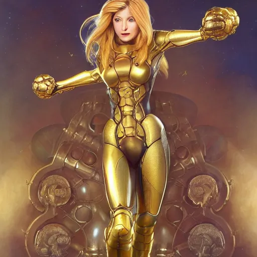 Image similar to Samus Aran from Metroid with golden armor drawn by Donato Giancola and Tom Bagshaw, face by Artgerm, overall design by Alphonse Mucha, background by James Jean and Gustav Klimt, light by Julie Bell, 4k, porcelain skin, komorebi, french nouveau, trending on artstation, octane render, hyperrealistic