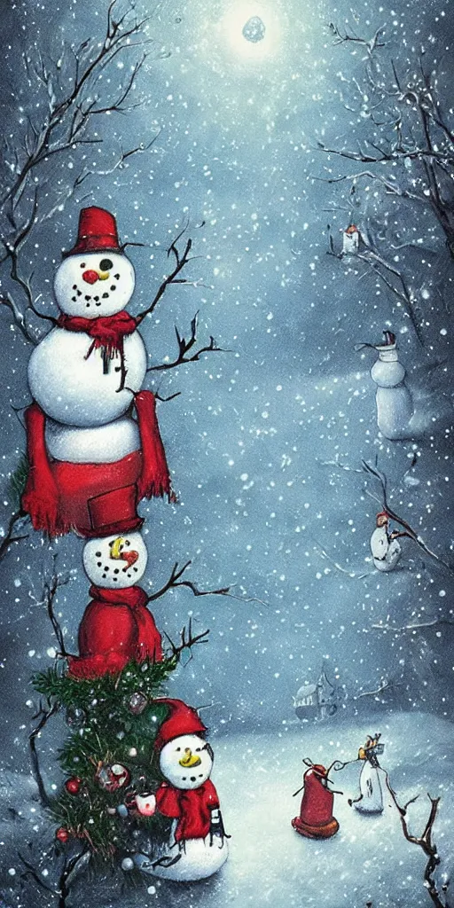 Image similar to a frosty snowman christmas scene by alexander jansson