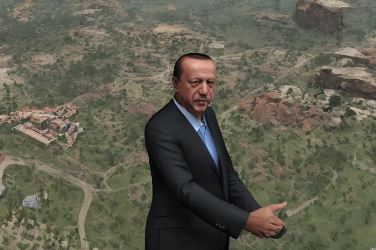 Prompt: tayyip erdogan receiving a quest in an open world game, hyperralistic, unreal engine, 8 k, raytracing, subsurface scattering