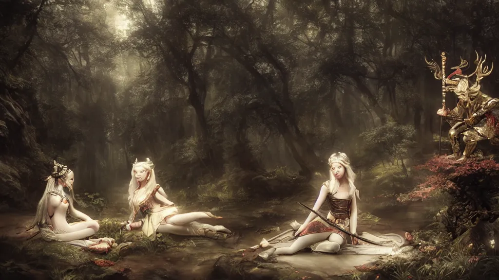 Prompt: elven princess sitting with sun wukong in the melancholy forest. andreas achenbach, artgerm, mikko lagerstedt, zack snyder, tokujin yoshioka