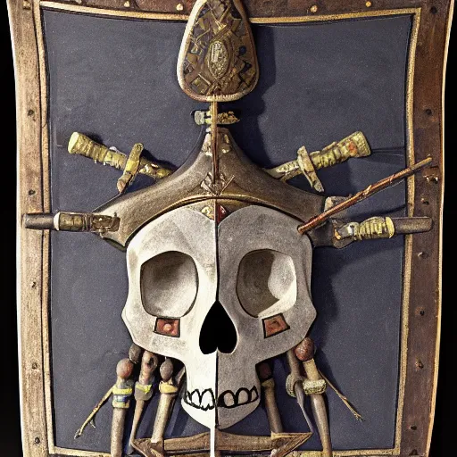 Image similar to a wakandian style medieval long iron shield with a skull of a giant horse in one side that shows the concept of inequity
