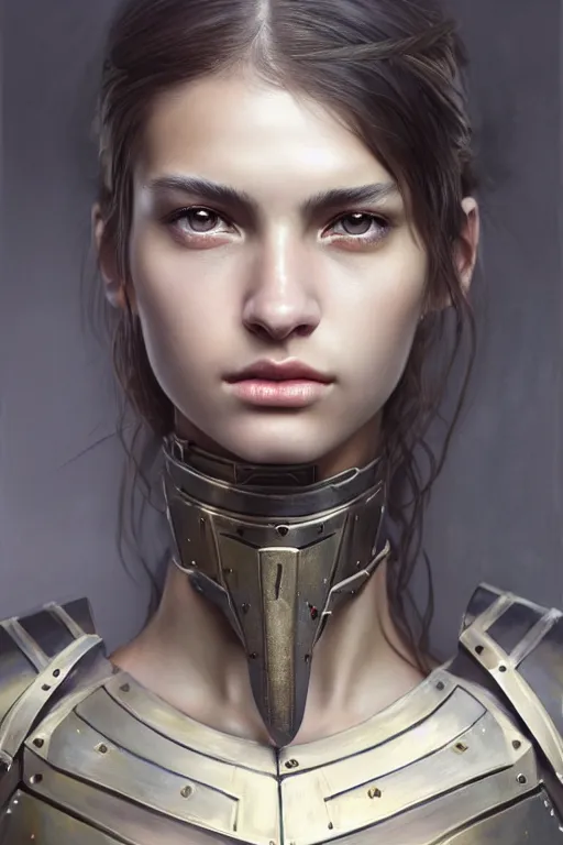 Image similar to a photorealistic painting of an attractive young girl, partially clothed in metal-plated battle armor, olive skin, long dark hair, beautiful bone structure, symmetrical face, perfect eyes, intricate, elegant, digital painting, concept art, illustration, sharp focus, minimal artifacts, volumetric lighting, from Metal Gear, in the style of Ruan Jia and Mandy Jurgens and Greg Rutkowski, trending on Artstation, award winning