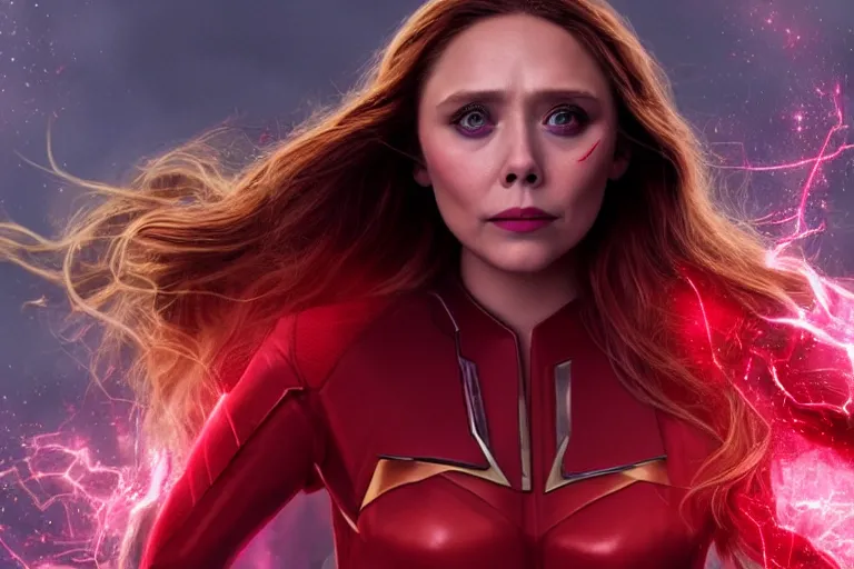 Image similar to movie still of elizabeth olsen as scarlet witch creating a barrier of red energy around herself!!!!!, photorealistic art style, fantasy aesthetic. full - body photography, comprehensive art, thorough details, intricate, artstation, cgsociety contest winner