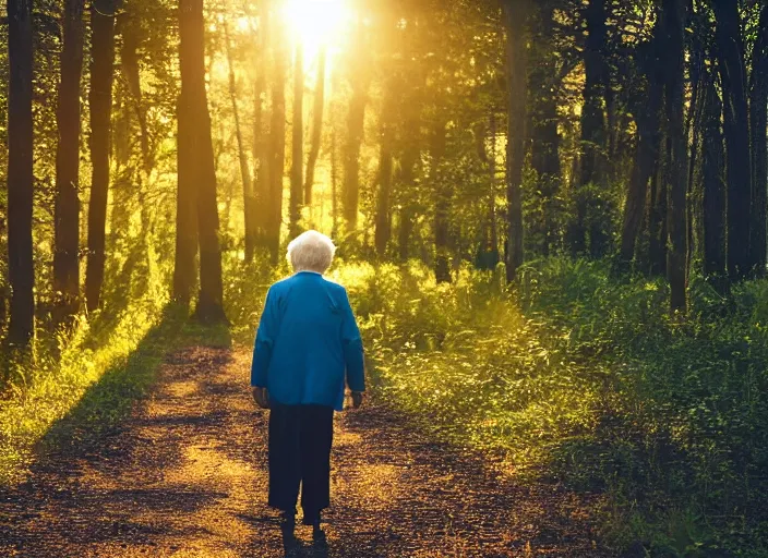 Image similar to a 3 5 mm photo from the back of a senior citizen walking in the woods, splash art, movie still, bokeh, canon 5 0 mm, cinematic lighting, dramatic, film, photography, golden hour, depth of field, award - winning, anamorphic lens flare, 8 k, hyper detailed, 3 5 mm film grain