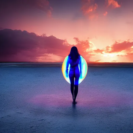 Image similar to a woman facing a blue interdimensional portal on the street, rip in spacetime beach at sunset, rutkowski, fantasy, rim lighting