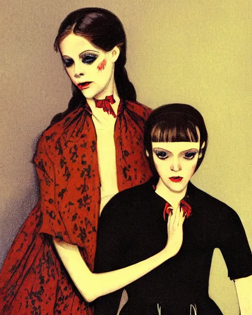 Image similar to a beautiful and eerie vintage pulp illustration of two beautiful but creepy siblings wearing vivienne westwood collars in layers of fear, with haunted eyes and dark hair, 1 9 7 0 s, seventies, wallpaper, a little blood, morning light showing injuries, delicate embellishments, painterly, offset printing technique, by brom, robert henri, walter popp