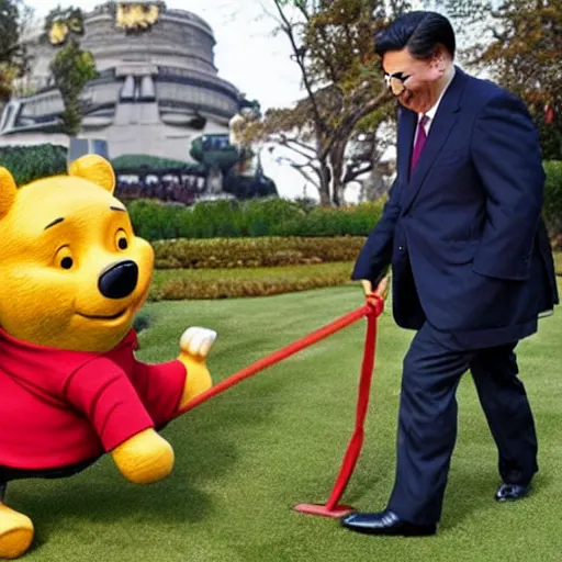 Image similar to winnie the pooh pushing xi jinping on a swing