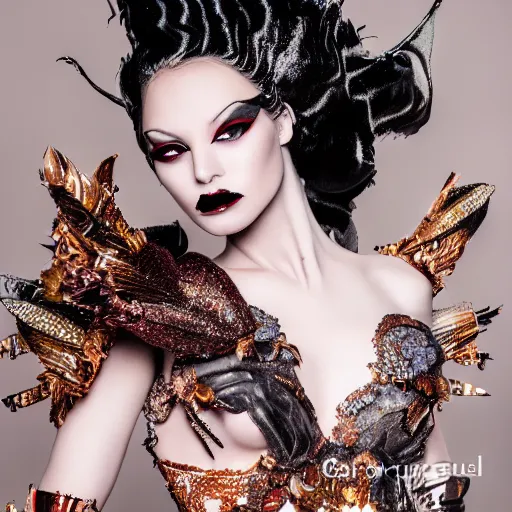 Image similar to a stunning photo of a beautiful female model wearing avant garde dress by rocky gathercole, high fashion, glamour pose, fashion photography, couture, intrinsic design, hyperrealistic