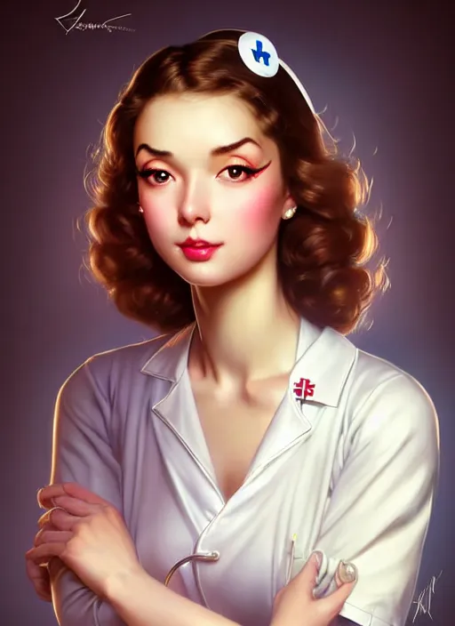 Prompt: glamorous and sexy nurse in blouse, beautiful, pearlescent skin, natural beauty, seductive eyes and face, elegant girl, natural beauty, very detailed face, seductive lady, full body portrait, natural lights, photorealism, summer vibrancy, cinematic, a portrait by artgerm, rossdraws, Norman Rockwell, magali villeneuve, Gil Elvgren, Alberto Vargas, Earl Moran, Enoch Bolles