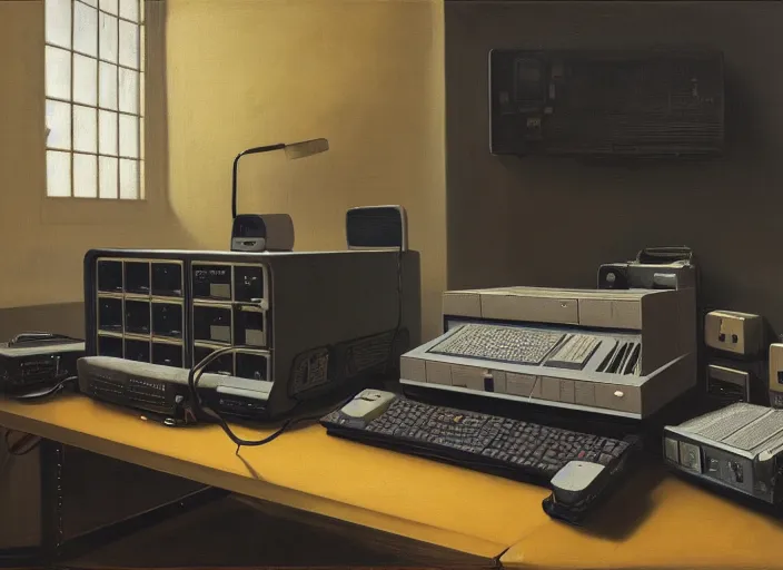 Image similar to still life painting of a retro electronics supercomputer workstation by pieter claesz, oil on canvas, blade runner vibes, syd mead concept art, strong lighting, highly detailed, ultrawide monitor master race, battlestation, hyper realism, golden hour, god rays, hd, 4 k