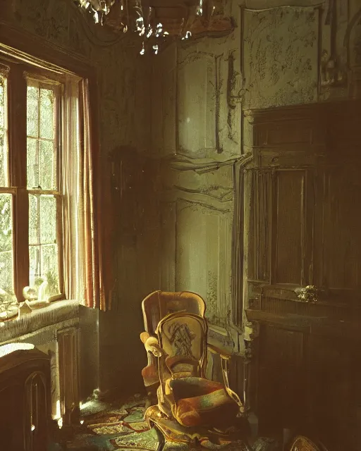 Prompt: the interior of an old house in devonshire that is probably haunted, delicate embellishments, painterly, offset printing technique, photographed on kodachrome by brom, robert henri, walter popp, cinematic lighting, various refining methods, micro macro autofocus, ultra definition, award winning photo